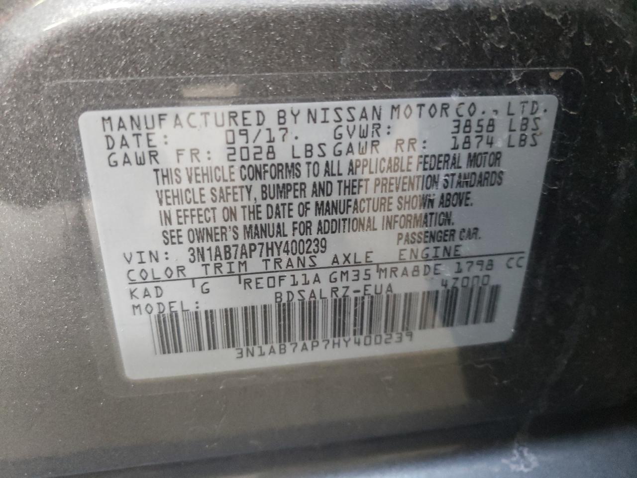 Photo 10 from auction – 2017 NISSAN SENTRA S with VIN 3N1AB7AP7HY400239