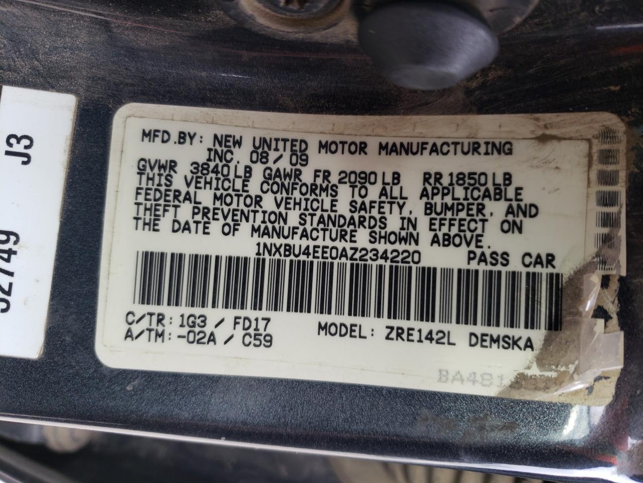 Photo 10 from auction – 2010 TOYOTA COROLLA BA with VIN 1NXBU4EE0AZ234220