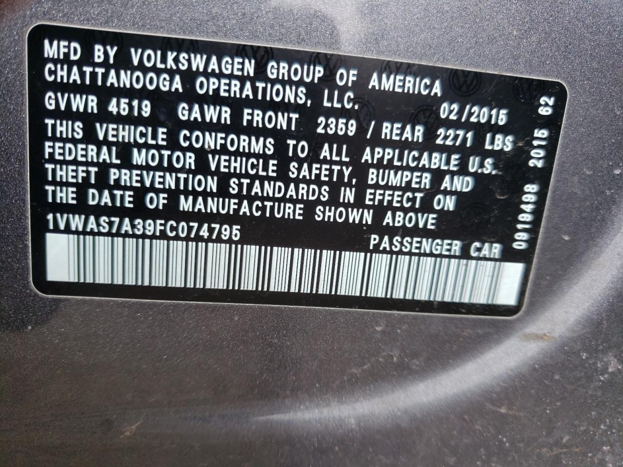 Photo 10 from auction – 2015 VOLKSWAGEN PASSAT S with VIN 1VWAS7A39FC074795