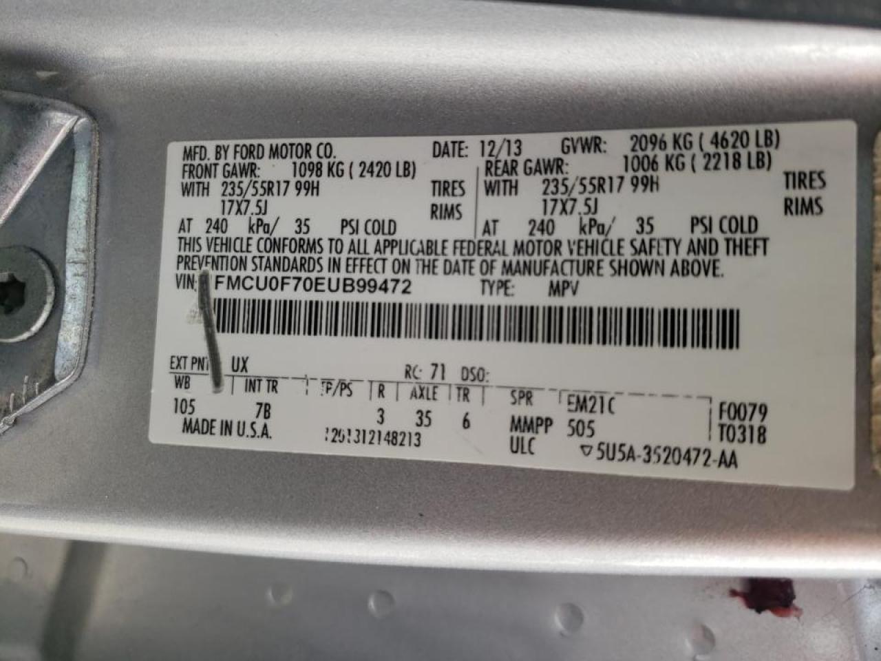 Photo 10 from auction – 2014 FORD ESCAPE S with VIN 1FMCU0F70EUB99472