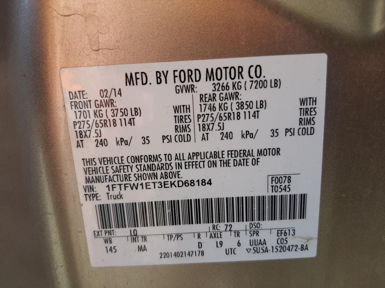 Photo 10 from auction – 2014 FORD F150 SUPER with VIN 1FTFW1ET3EKD68184
