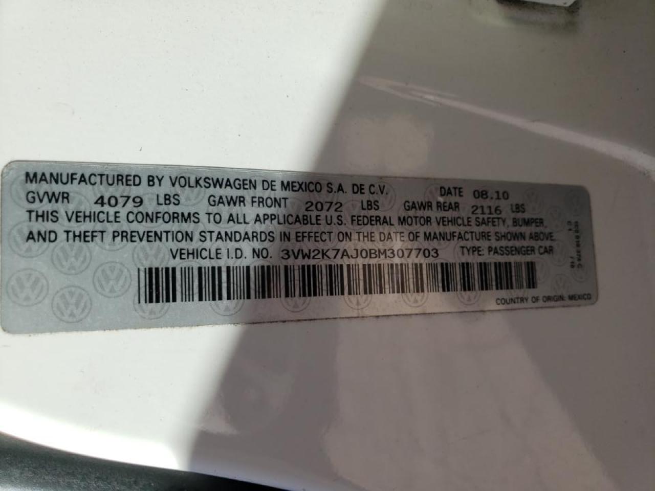 Photo 10 from auction – 2011 VOLKSWAGEN JETTA BASE with VIN 3VW2K7AJ0BM307703