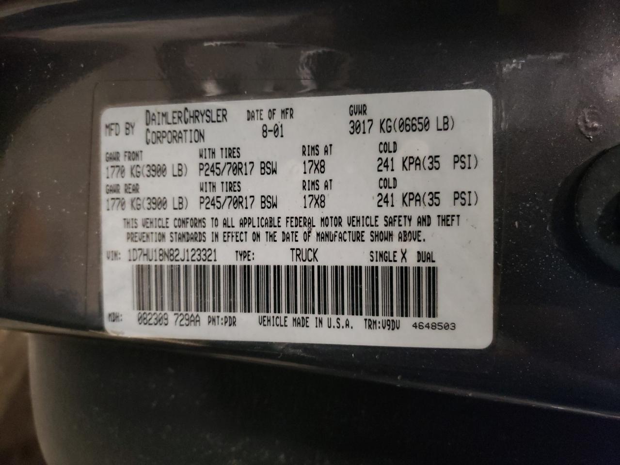 Photo 10 from auction – 2002 DODGE RAM 1500 with VIN 1D7HU18N82J123321