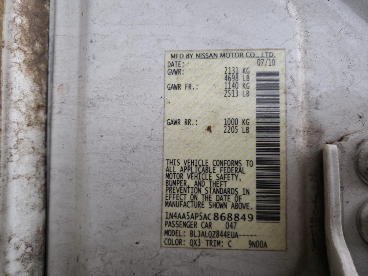 Photo 10 from auction – 2010 NISSAN MAXIMA S with VIN 1N4AA5AP5AC868849