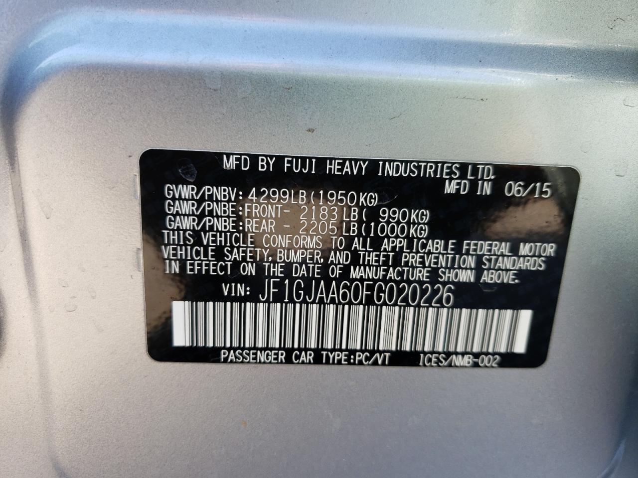 Photo 10 from auction – 2015 SUBARU IMPREZA with VIN JF1GJAA60FG020226
