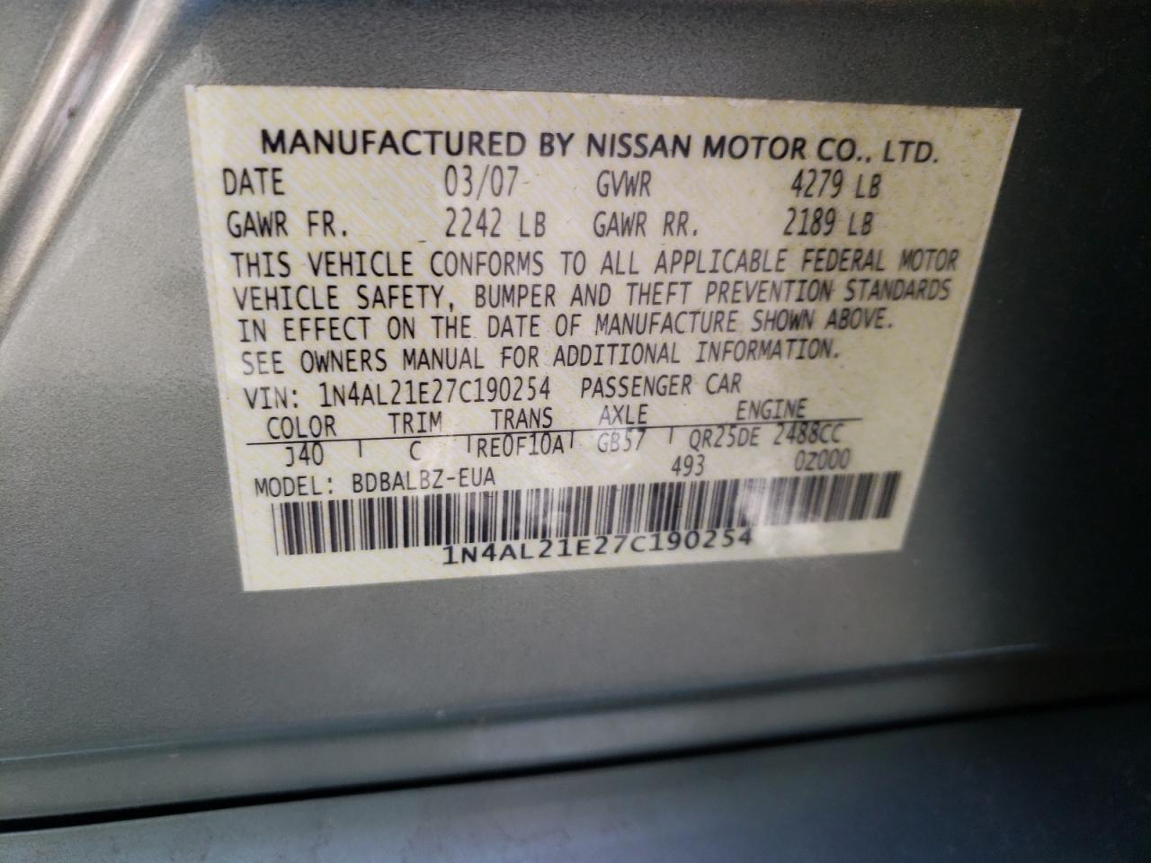 Photo 10 from auction – 2007 NISSAN ALTIMA 2.5 with VIN 1N4AL21E27C190254