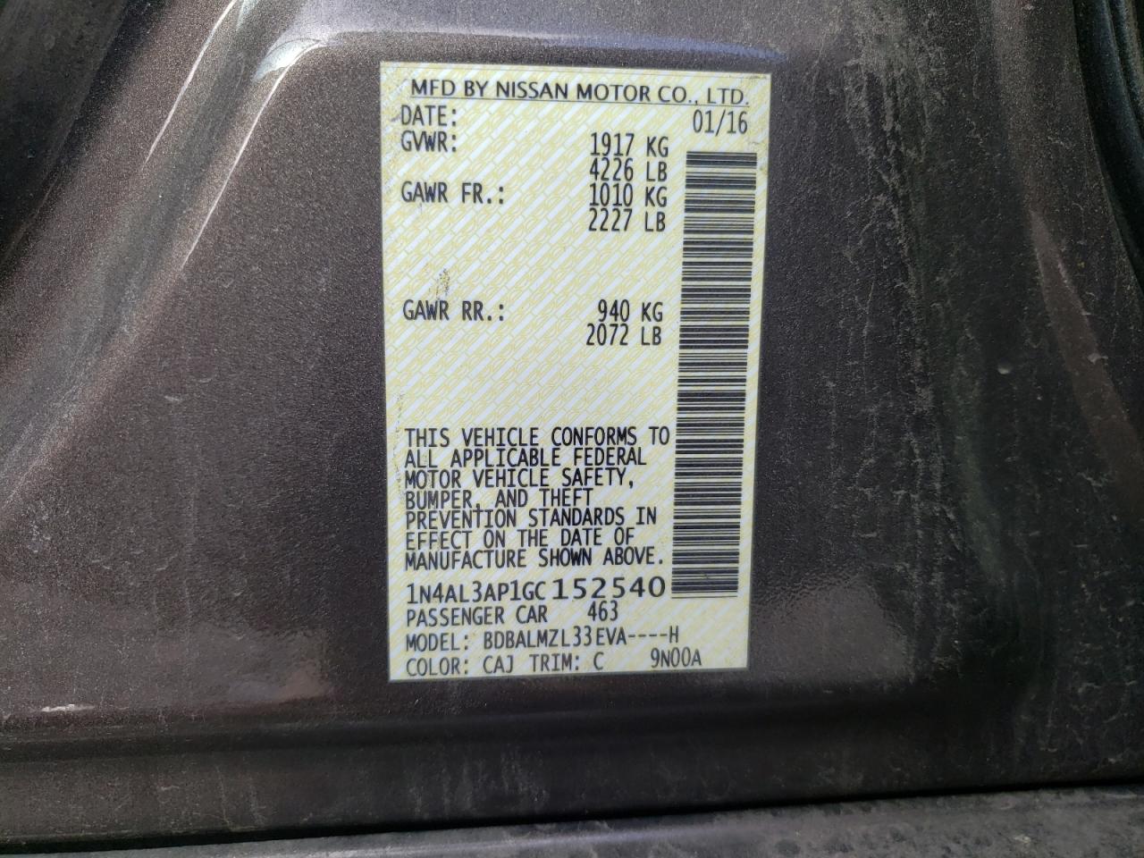 Photo 10 from auction – 2016 NISSAN ALTIMA 2.5 with VIN 1N4AL3AP1GC152540