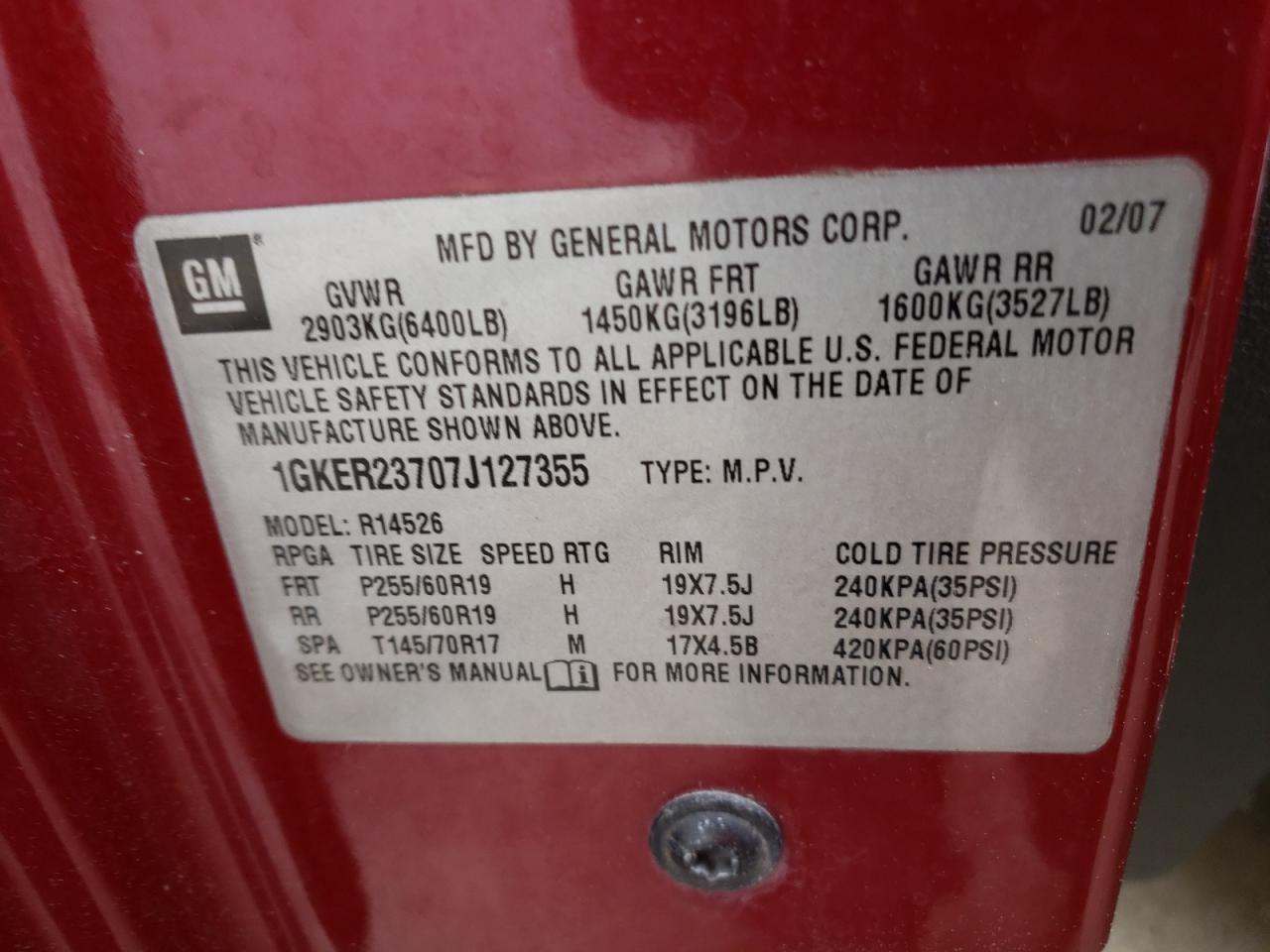 Photo 10 from auction – 2007 GMC ACADIA SLT with VIN 1GKER23707J127355