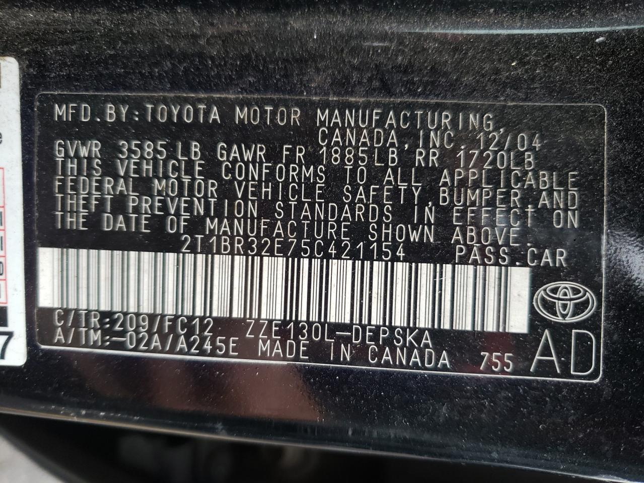 Photo 10 from auction – 2005 TOYOTA COROLLA CE with VIN 2T1BR32E75C421154