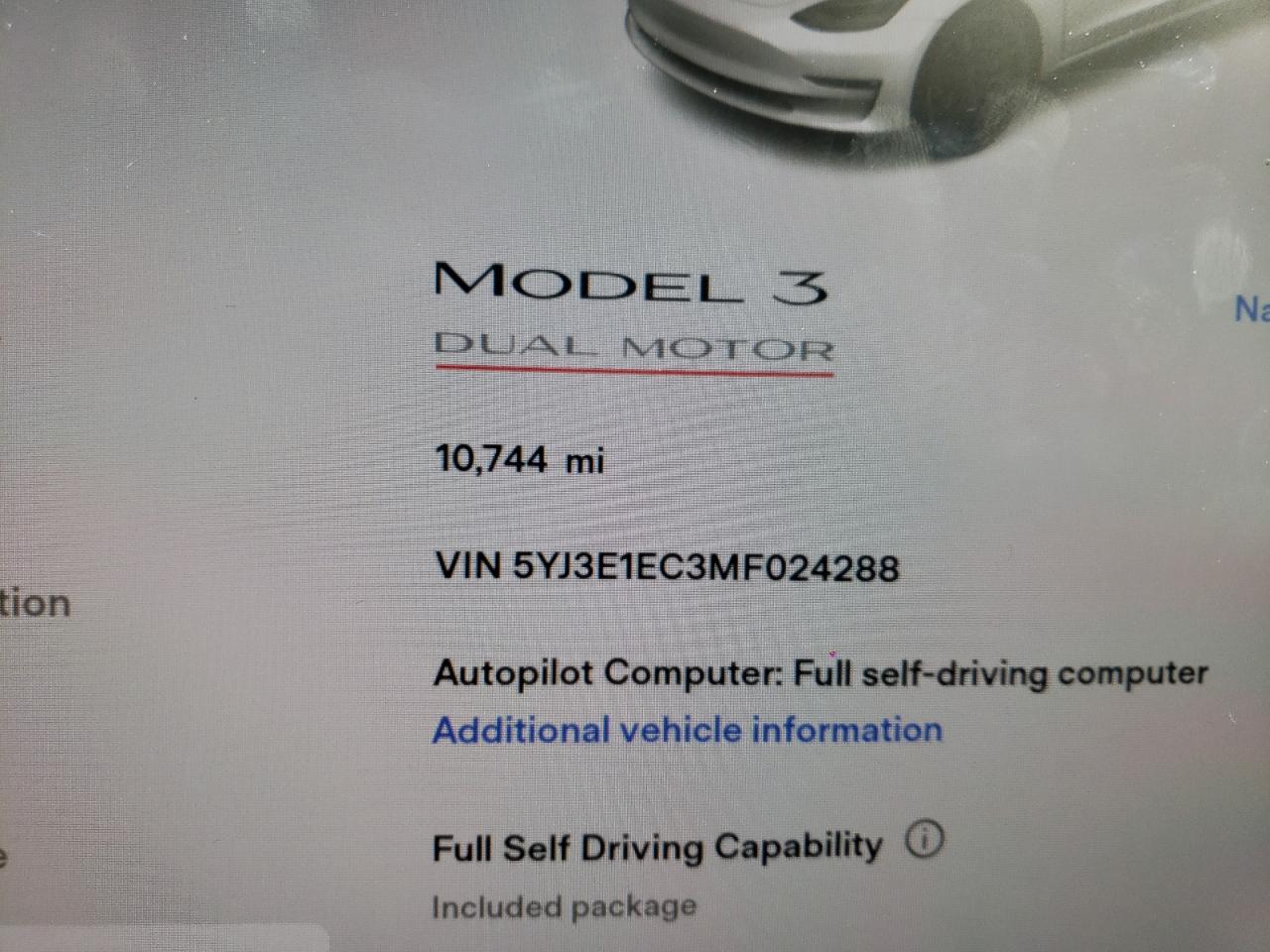 Photo 8 from auction – 2021 TESLA MODEL 3 with VIN 5YJ3E1EC3MF024288