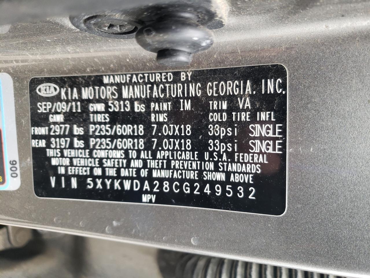Photo 10 from auction – 2012 KIA SORENTO SX with VIN 5XYKWDA28CG249532