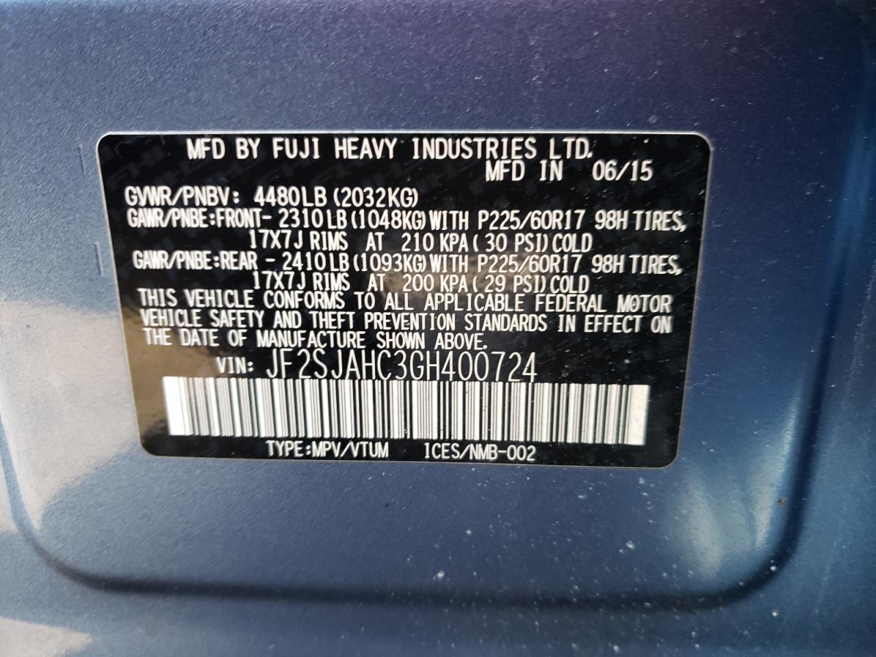 Photo 10 from auction – 2016 SUBARU FORESTER 2 with VIN JF2SJAHC3GH400724