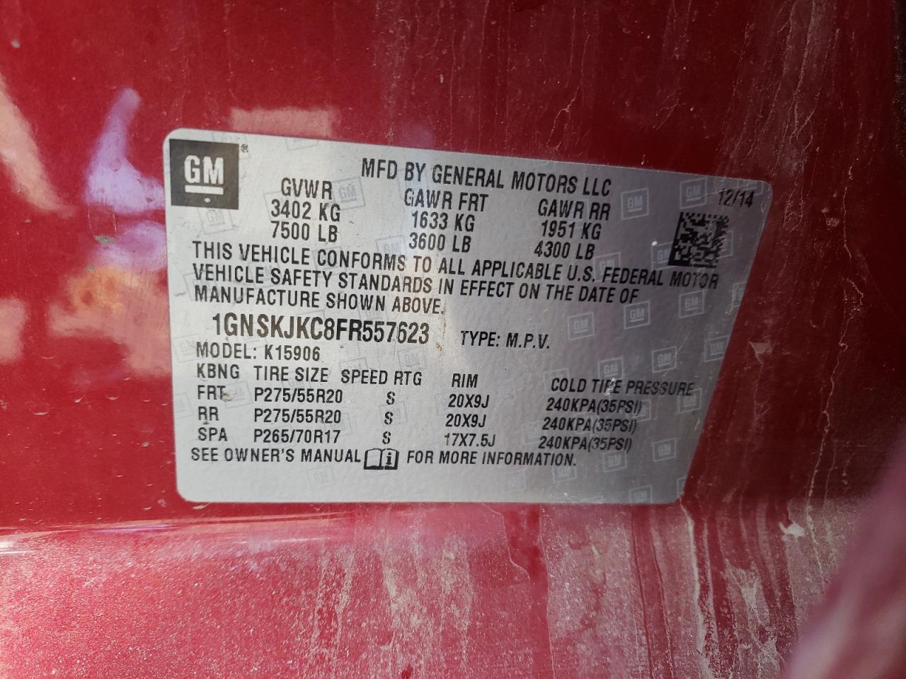 Photo 10 from auction – 2015 CHEVROLET SUBURBAN K with VIN 1GNSKJKC8FR557623