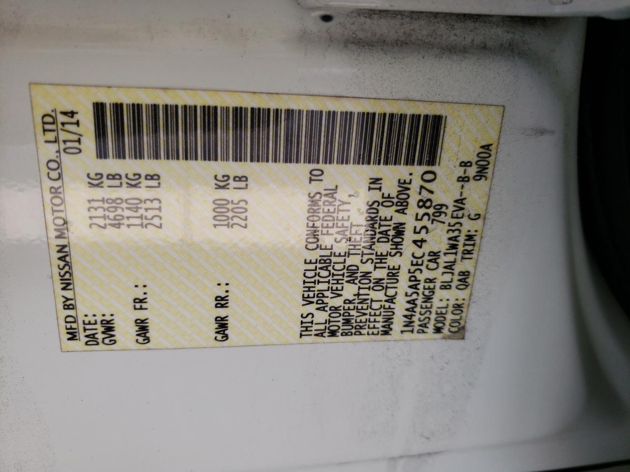 Photo 10 from auction – 2014 NISSAN MAXIMA S with VIN 1N4AA5AP5EC455870