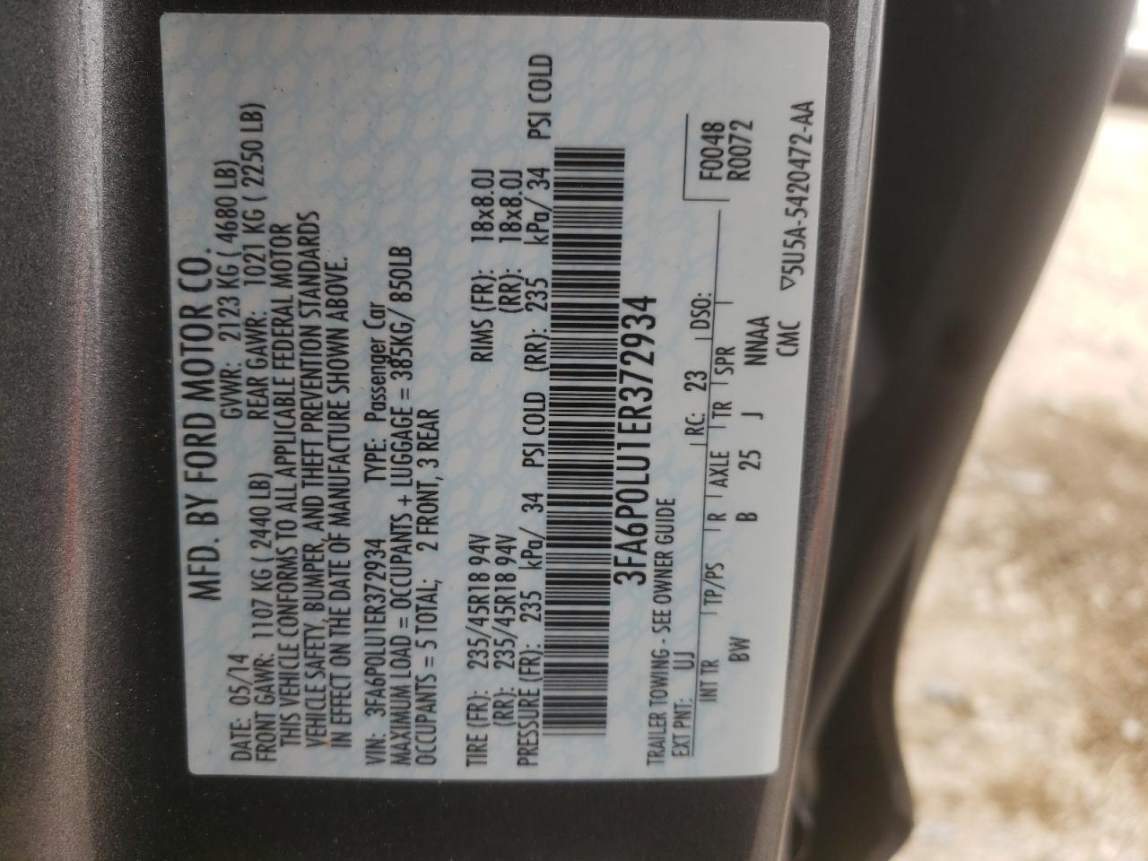 Photo 10 from auction – 2014 FORD FUSION SE with VIN 3FA6P0LU1ER372934