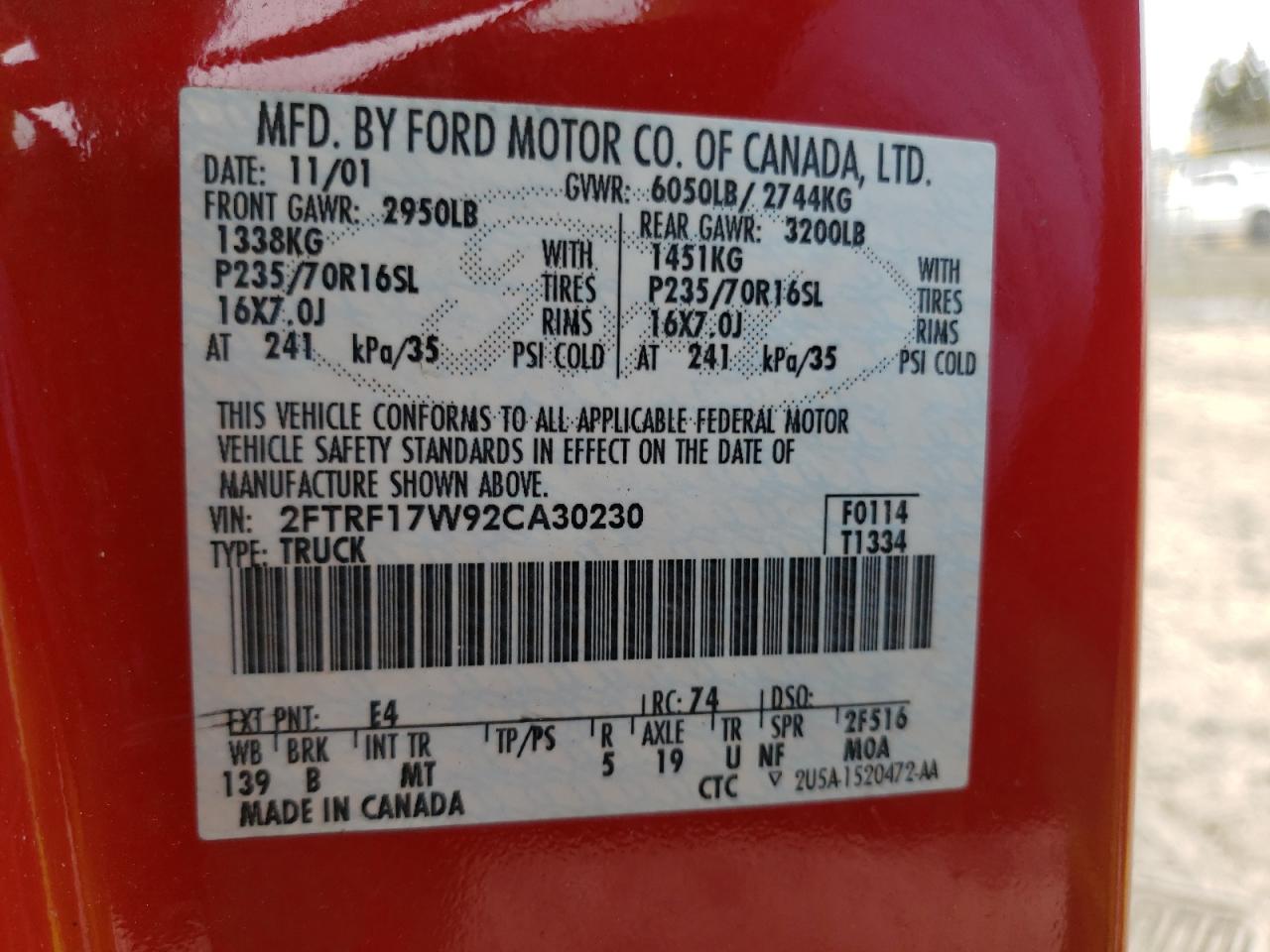 Photo 10 from auction – 2002 FORD F150 with VIN 2FTRF17W92CA30230