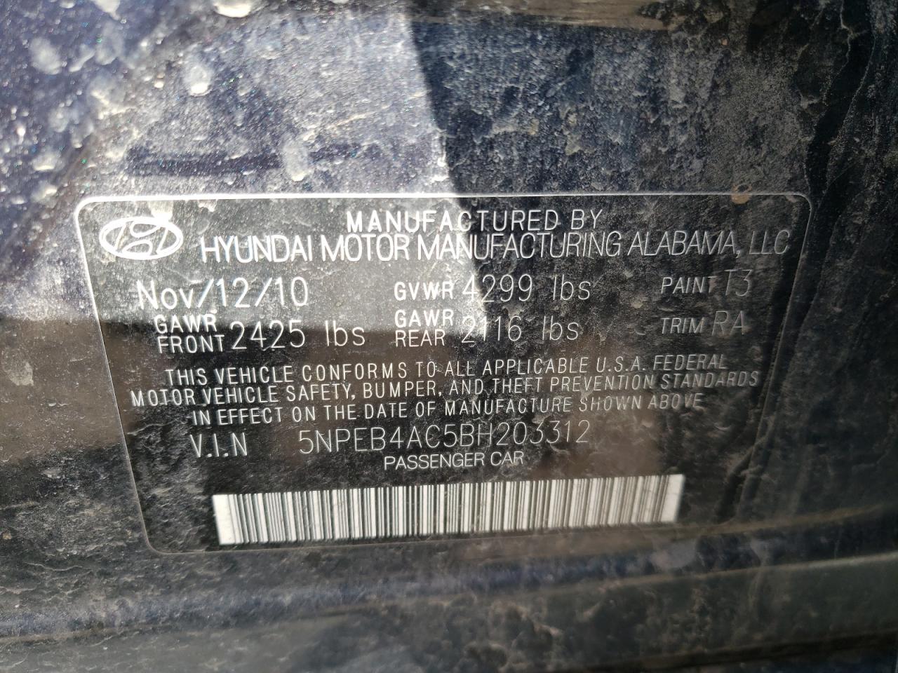 Photo 10 from auction – 2011 HYUNDAI SONATA GLS with VIN 5NPEB4AC5BH203312