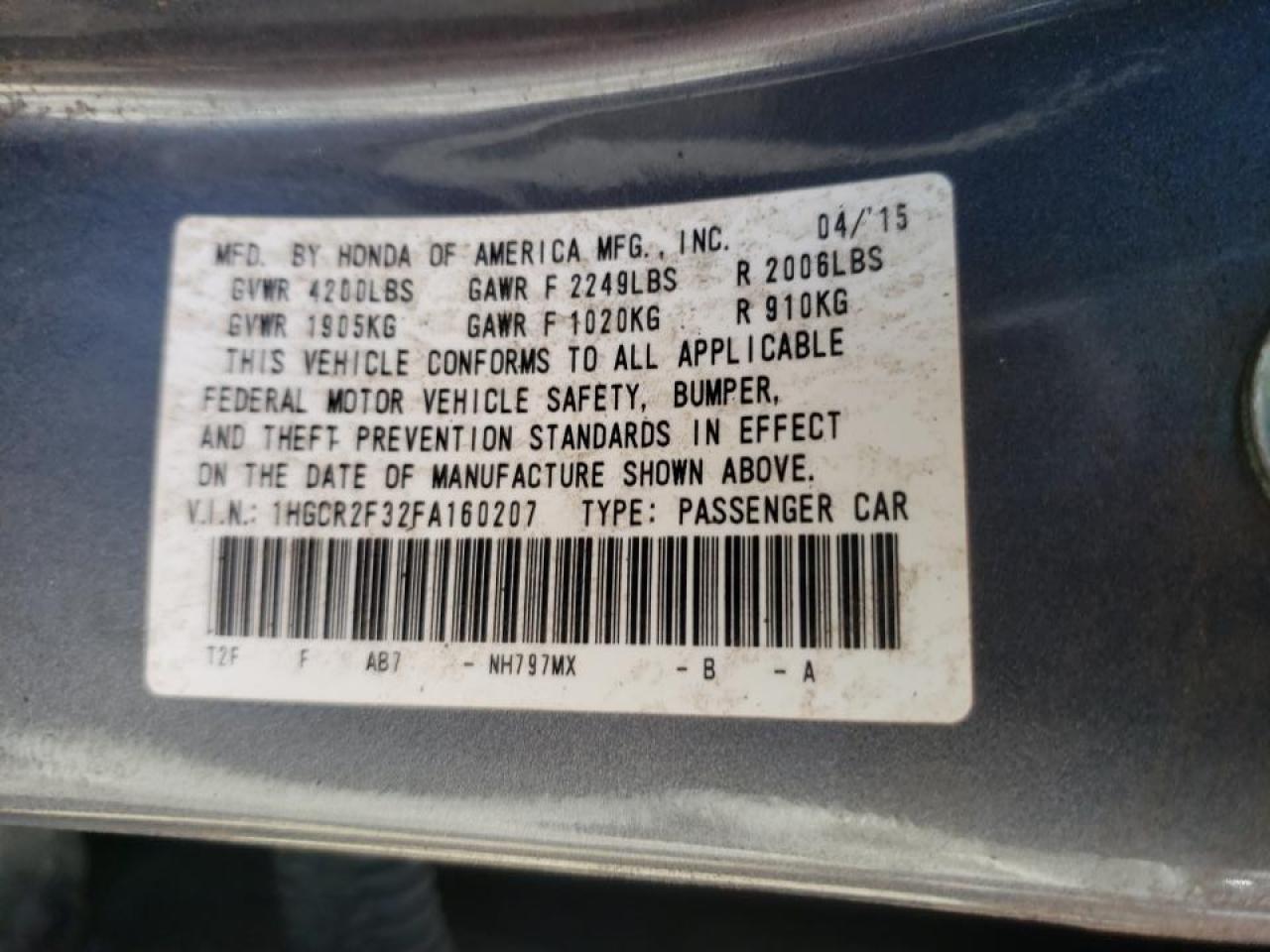Photo 10 from auction – 2015 HONDA ACCORD LX with VIN 1HGCR2F32FA160207
