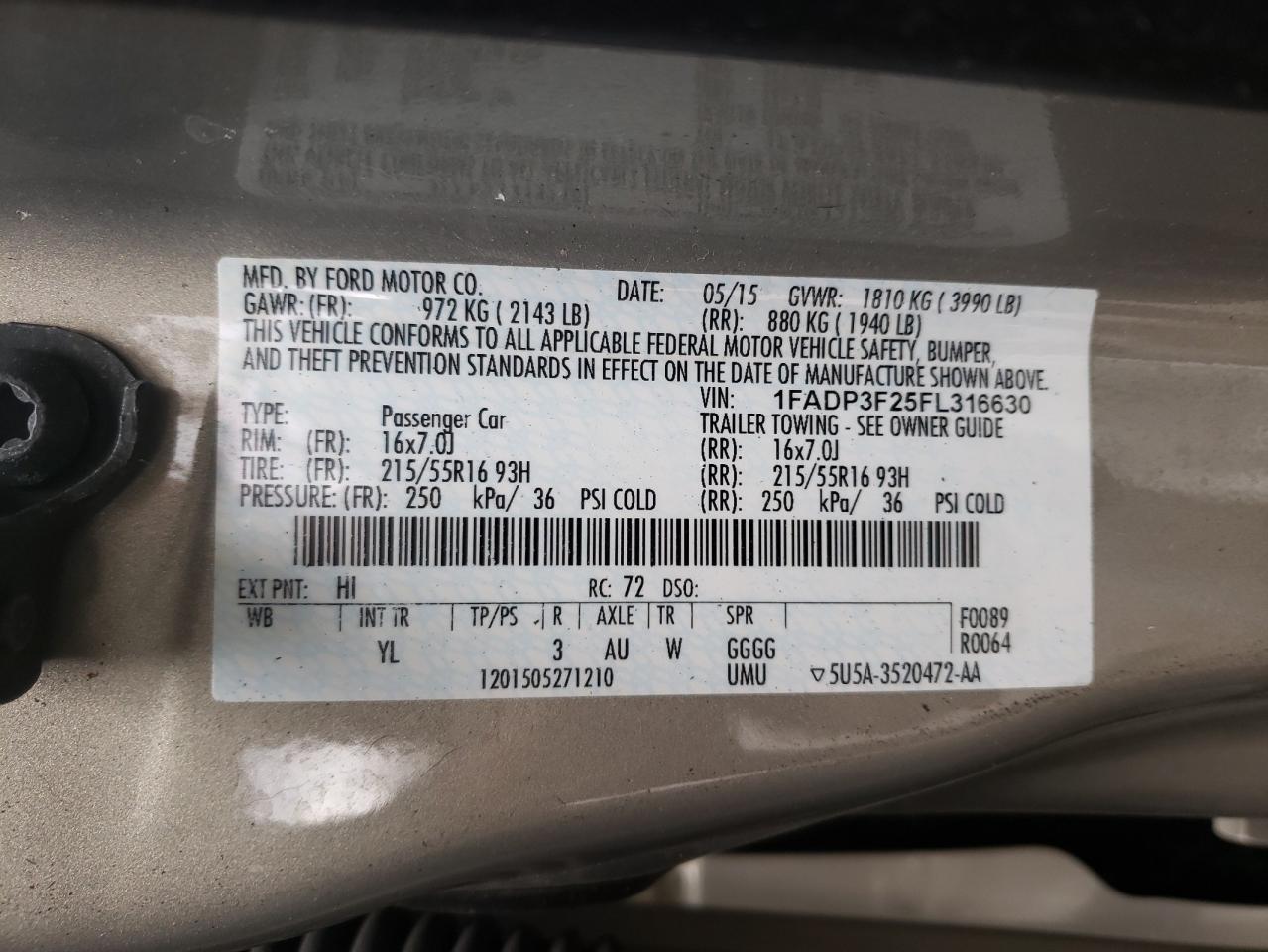 Photo 10 from auction – 2015 FORD FOCUS SE with VIN 1FADP3F25FL316630