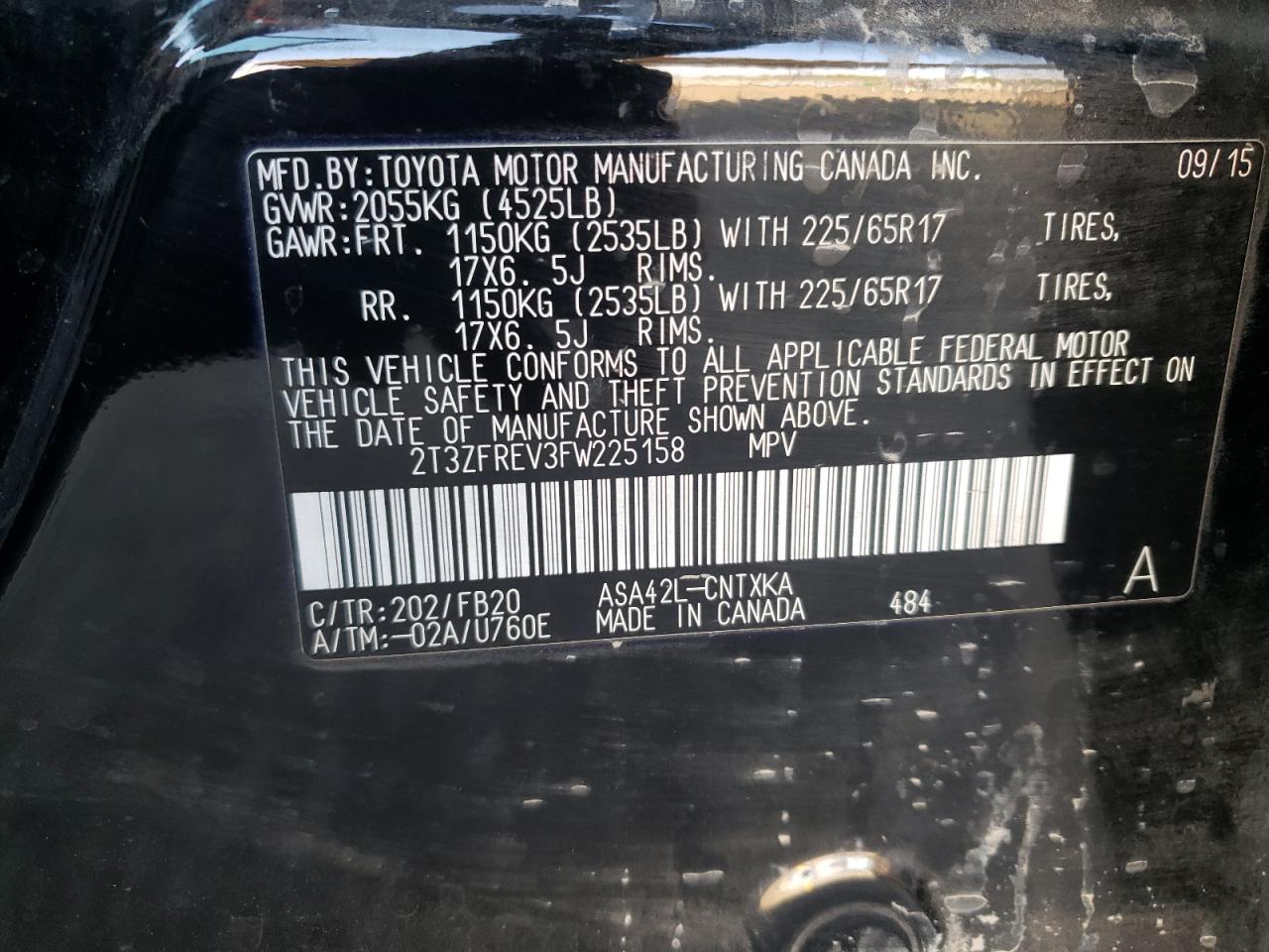 Photo 10 from auction – 2015 TOYOTA RAV4 LE with VIN 2T3ZFREV3FW225158