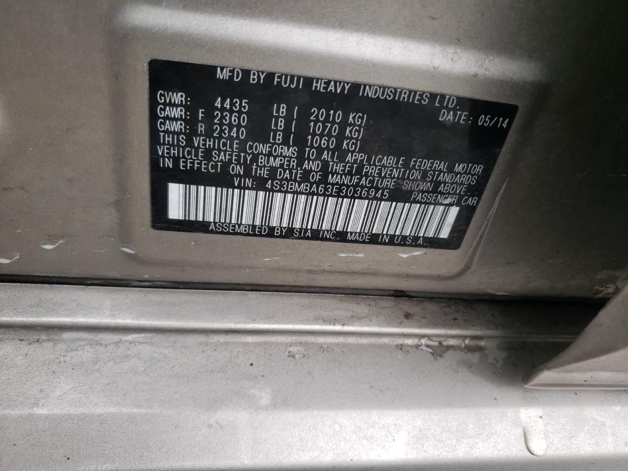 Photo 10 from auction – 2014 SUBARU LEGACY 2.5 with VIN 4S3BMBA63E3036945