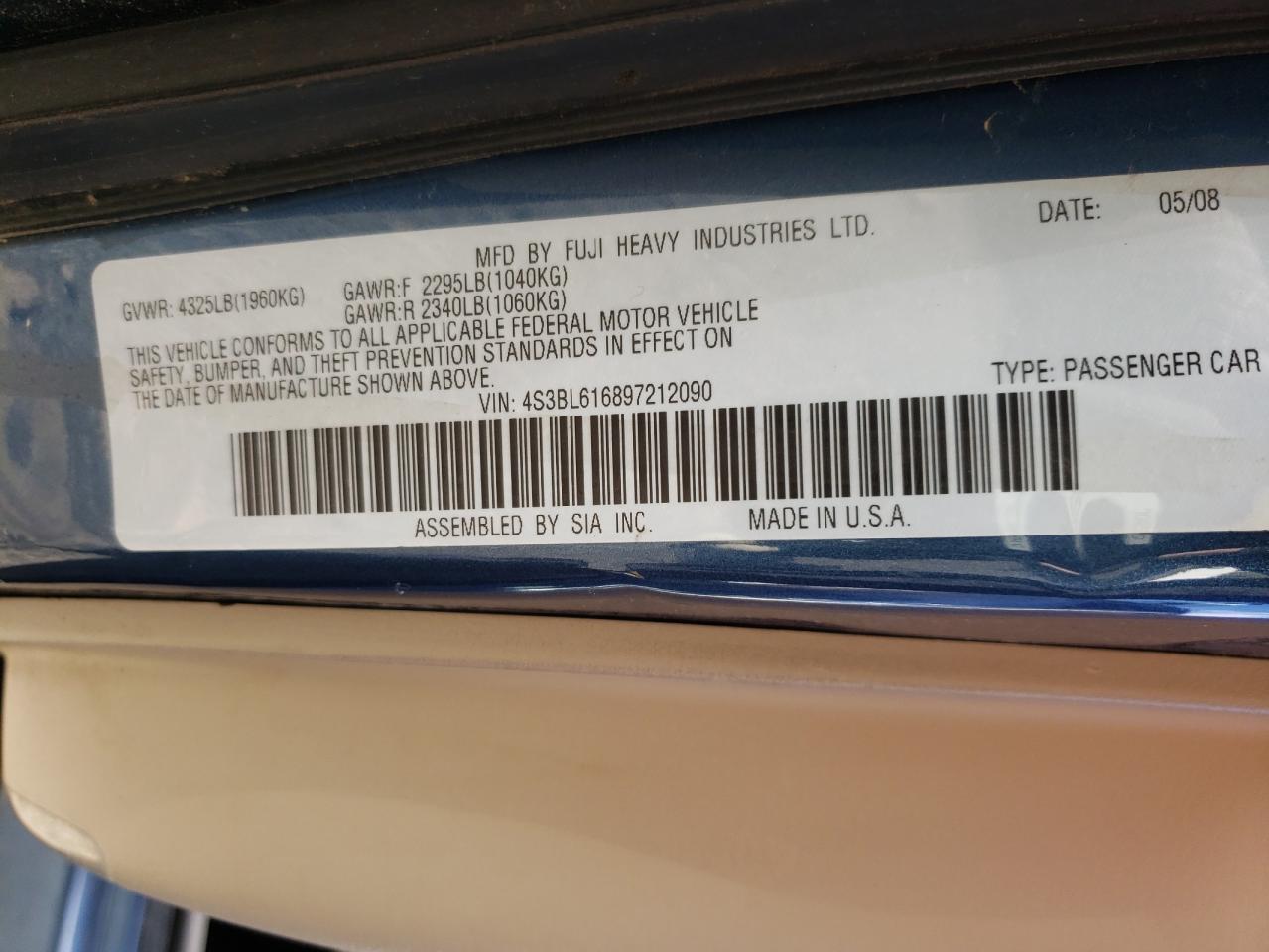 Photo 10 from auction – 2009 SUBARU LEGACY 2.5 with VIN 4S3BL616897212090