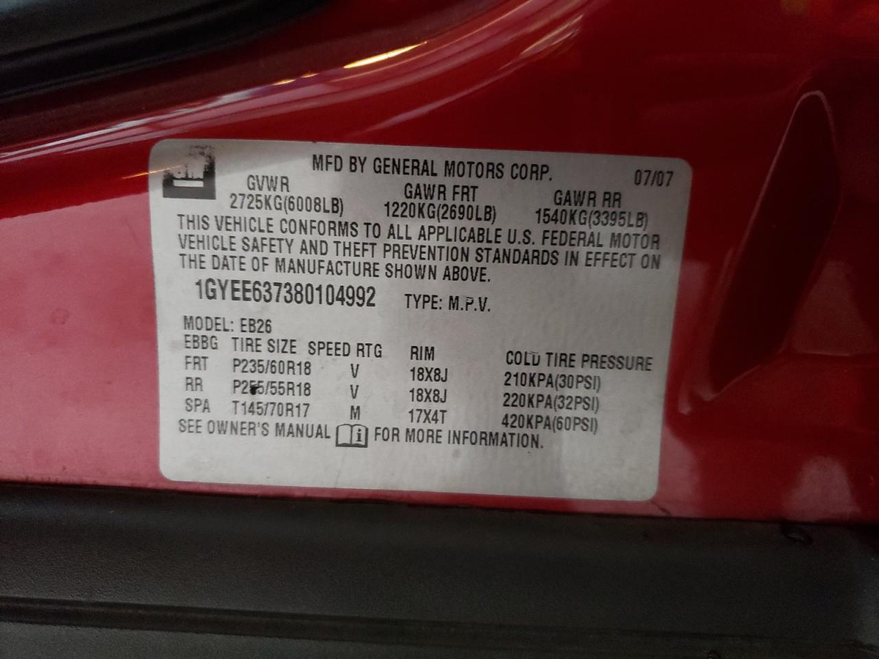 Photo 10 from auction – 2008 CADILLAC SRX with VIN 1GYEE637380104992