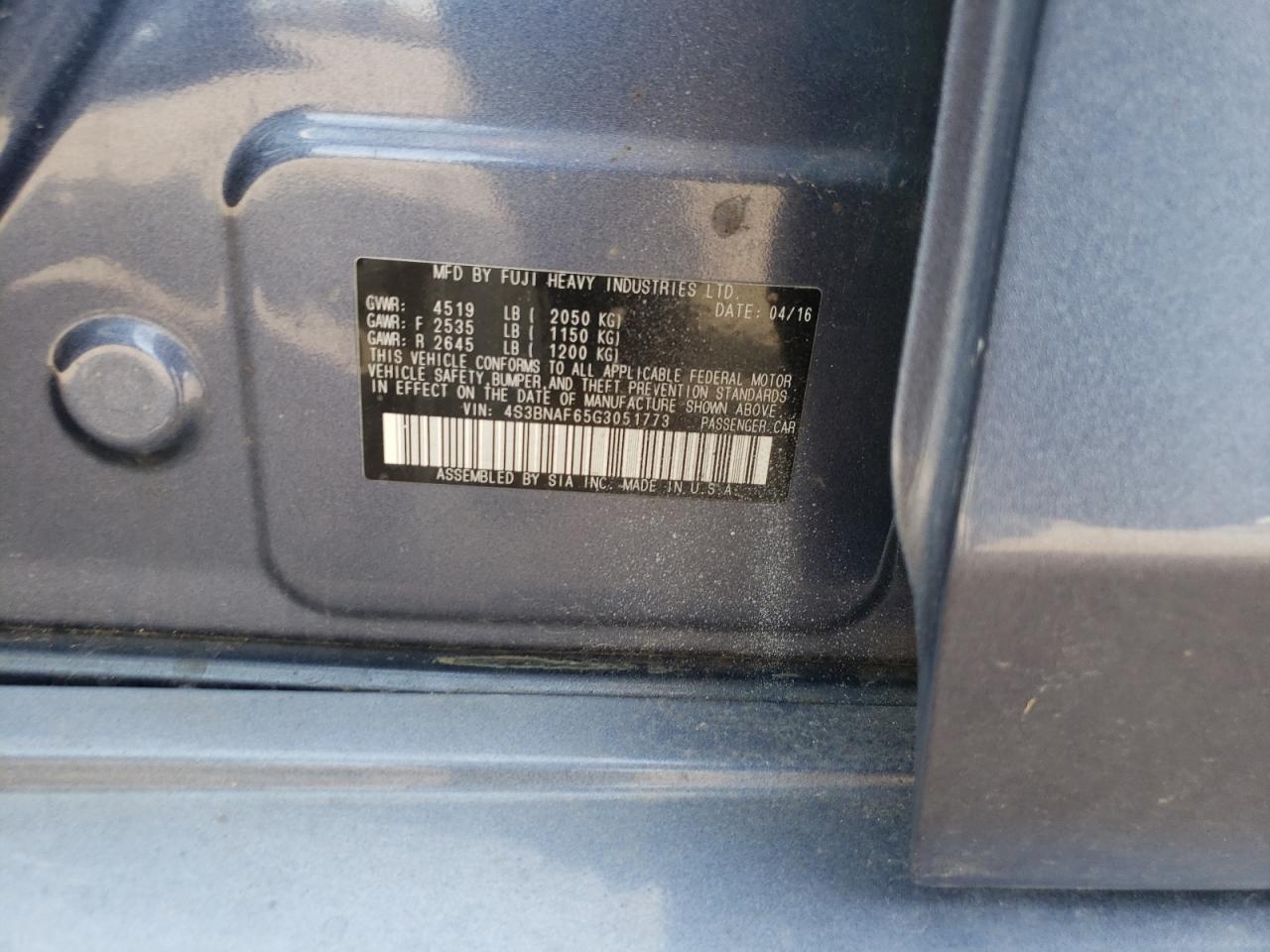 Photo 10 from auction – 2016 SUBARU LEGACY 2.5 with VIN 4S3BNAF65G3051773