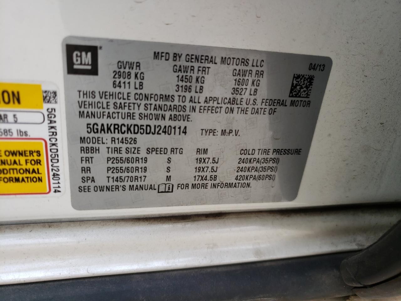 Photo 10 from auction – 2013 BUICK ENCLAVE with VIN 5GAKRCKD5DJ240114