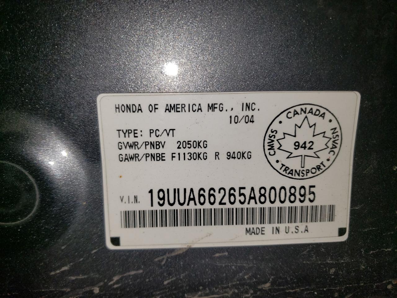 Photo 10 from auction – 2005 ACURA TL with VIN 19UUA66265A800895