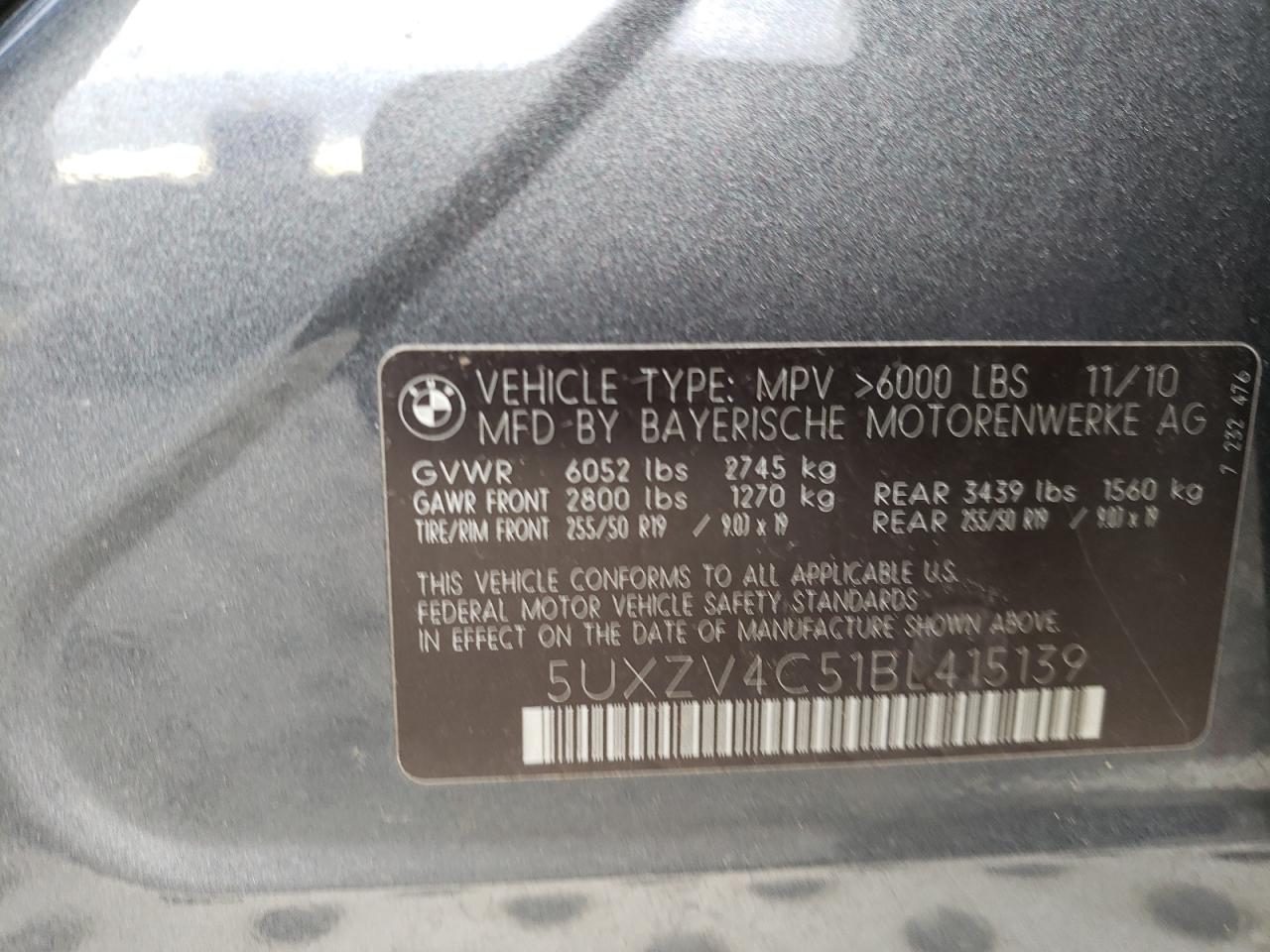Photo 10 from auction – 2011 BMW X5 XDRIVE3 with VIN 5UXZV4C51BL415139