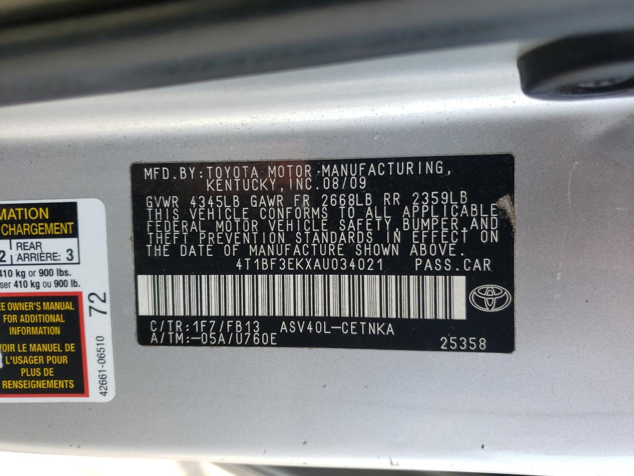 Photo 10 from auction – 2010 TOYOTA CAMRY BASE with VIN 4T1BF3EKXAU034021