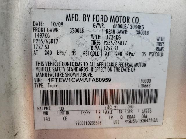 FORD F150 SUPER 2010 with VIN 1FTEW1CW4AFA80959 - Photo from auction