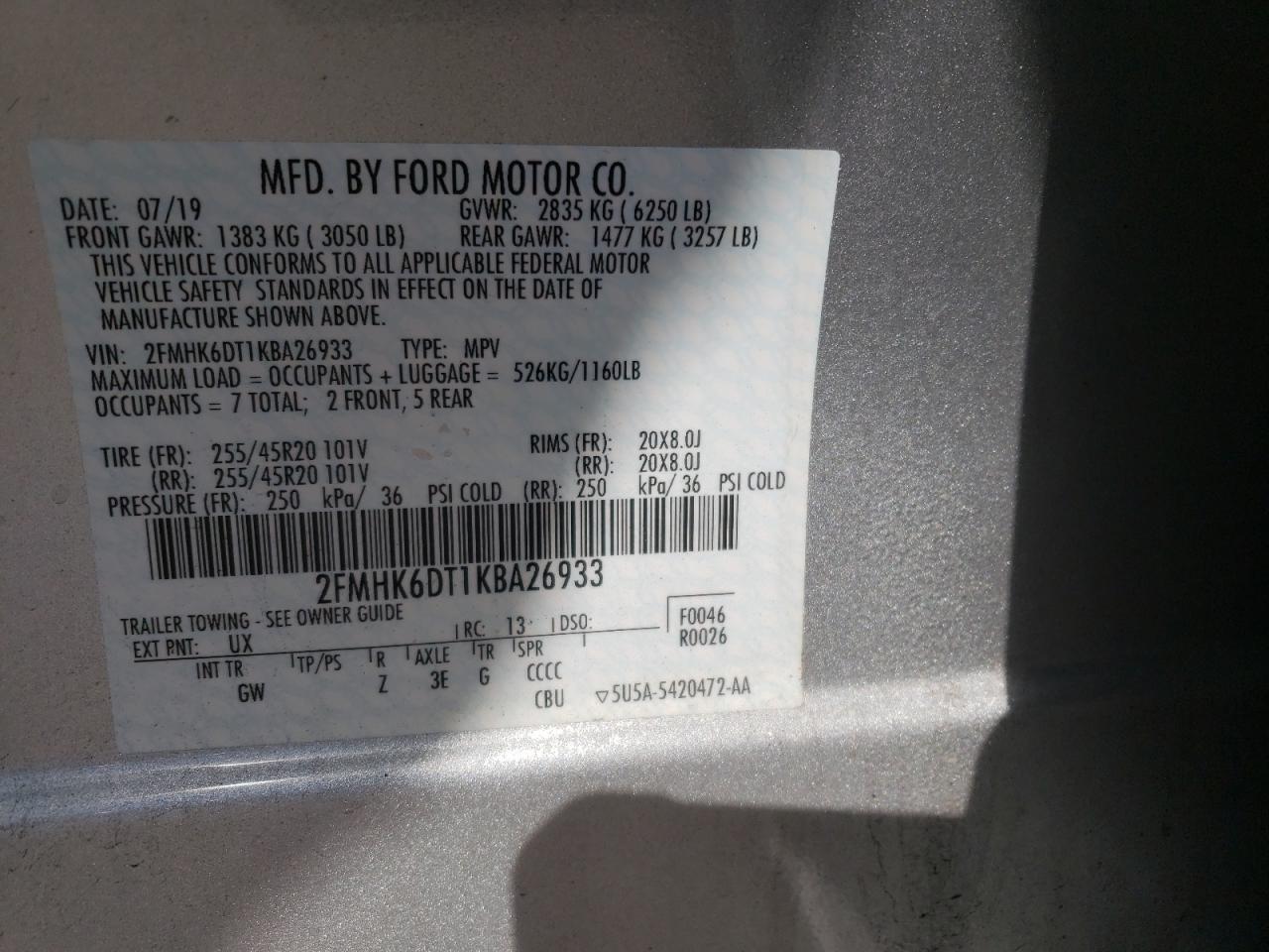Photo 10 from auction – 2019 FORD FLEX LIMIT with VIN 2FMHK6DT1KBA26933