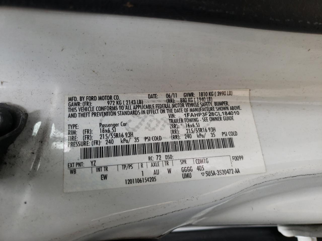 Photo 10 from auction – 2012 FORD FOCUS SE with VIN 1FAHP3F28CL184010