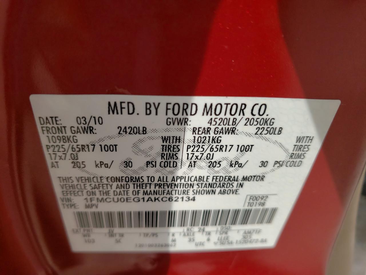 Photo 10 from auction – 2010 FORD ESCAPE LIM with VIN 1FMCU0EG1AKC62134
