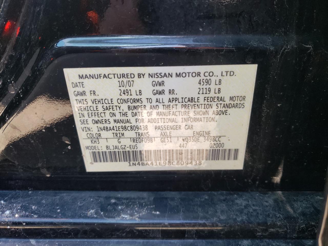 Photo 11 from auction – 2008 NISSAN MAXIMA SE with VIN 1N4BA41E98C809438