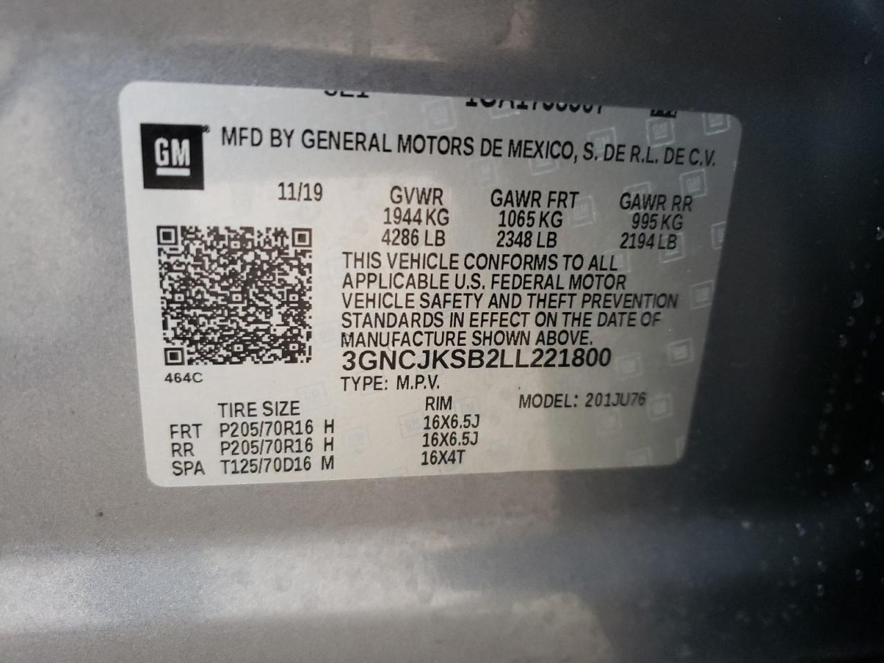 Photo 10 from auction – 2020 CHEVROLET TRAX LS with VIN 3GNCJKSB2LL221800