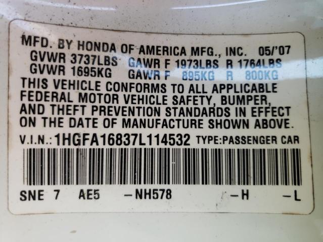 Photo 10 from auction – 2007 HONDA CIVIC EX with VIN 1HGFA16837L114532