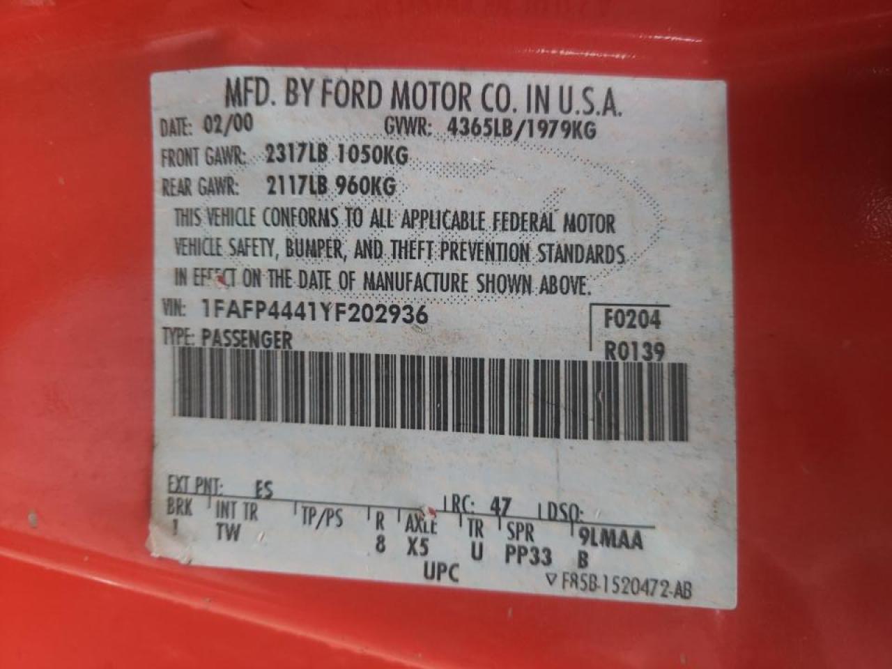 Photo 10 from auction – 2000 FORD MUSTANG with VIN 1FAFP4441YF202936