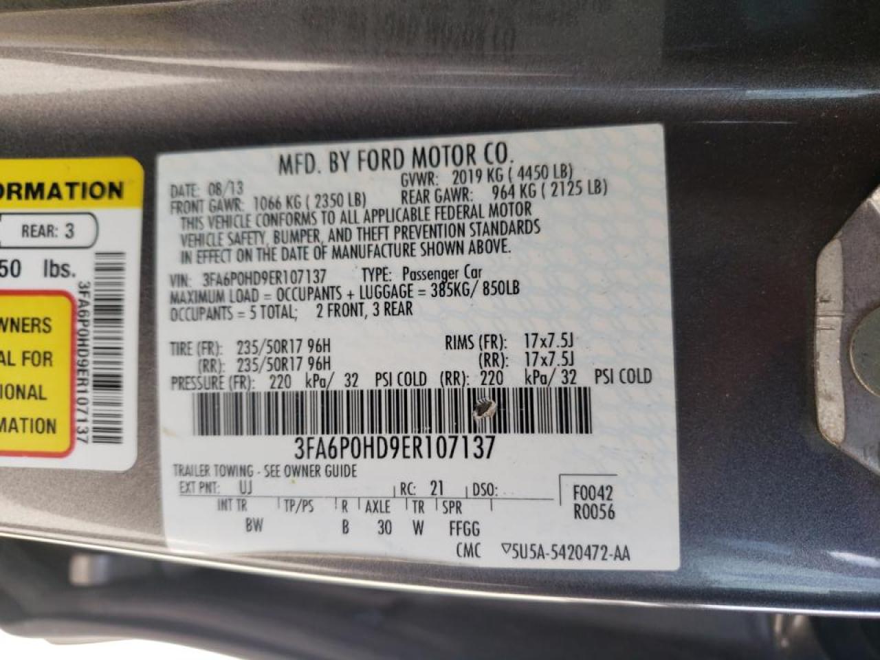 Photo 10 from auction – 2014 FORD FUSION SE with VIN 3FA6P0HD9ER107137