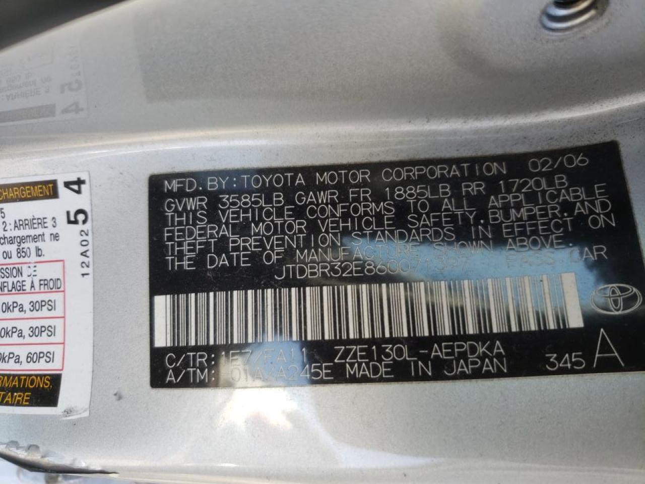 Photo 10 from auction – 2006 TOYOTA COROLLA CE with VIN JTDBR32E860071397