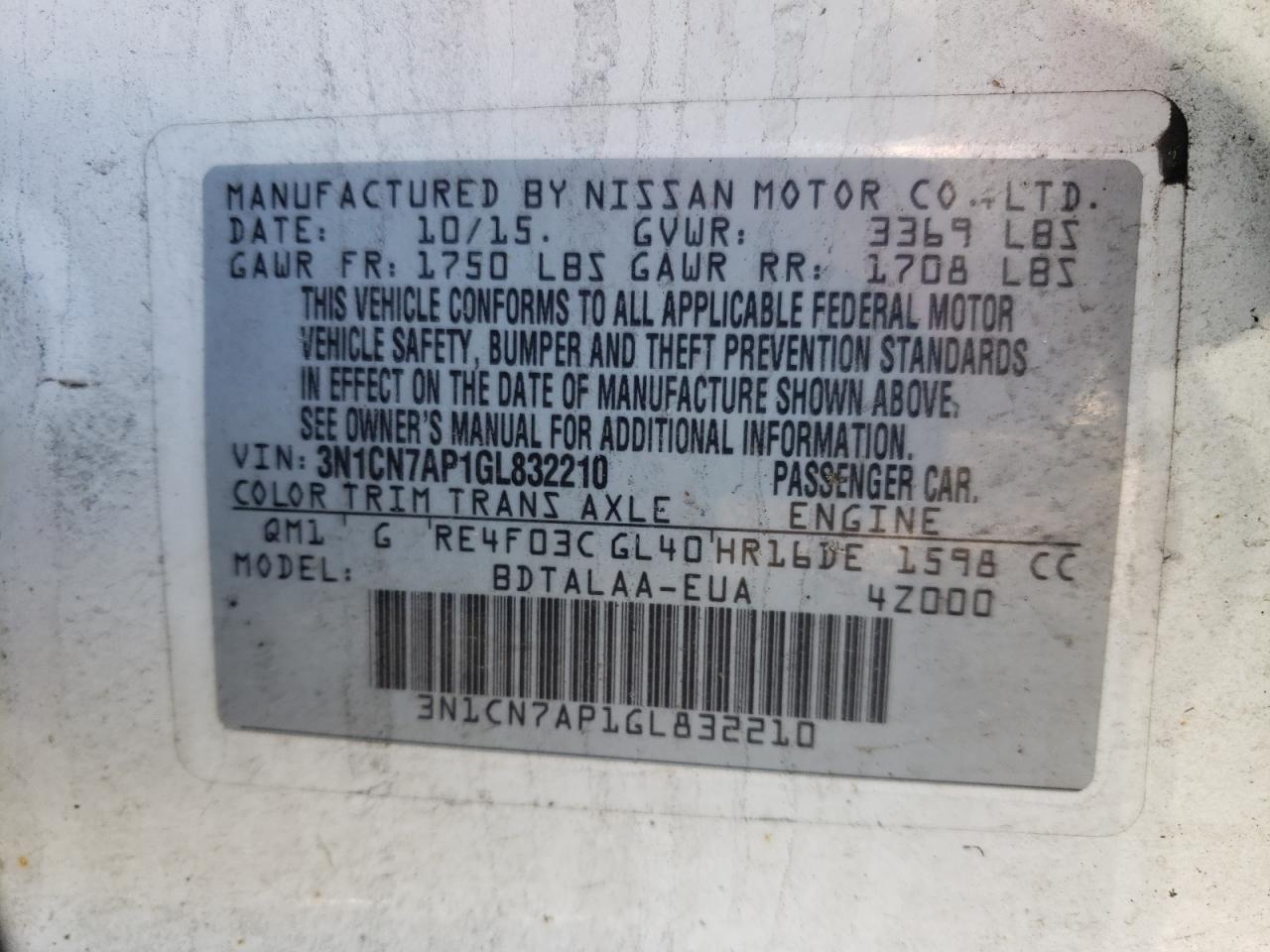 Photo 10 from auction – 2016 NISSAN VERSA S with VIN 3N1CN7AP1GL832210