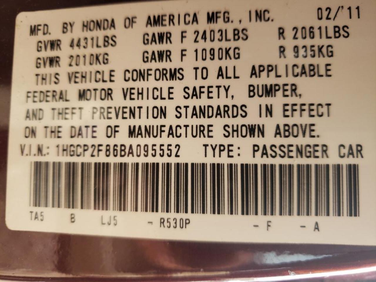 Photo 10 from auction – 2011 HONDA ACCORD EXL with VIN 1HGCP2F86BA095552
