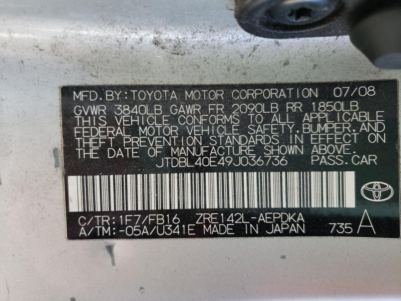 Photo 10 from auction – 2009 TOYOTA COROLLA BA with VIN JTDBL40E49J036736
