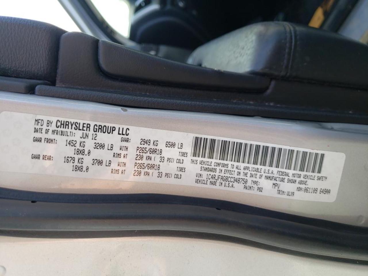 Photo 10 from auction – 2012 JEEP GRAND CHER with VIN 1C4RJFAG8CC348750