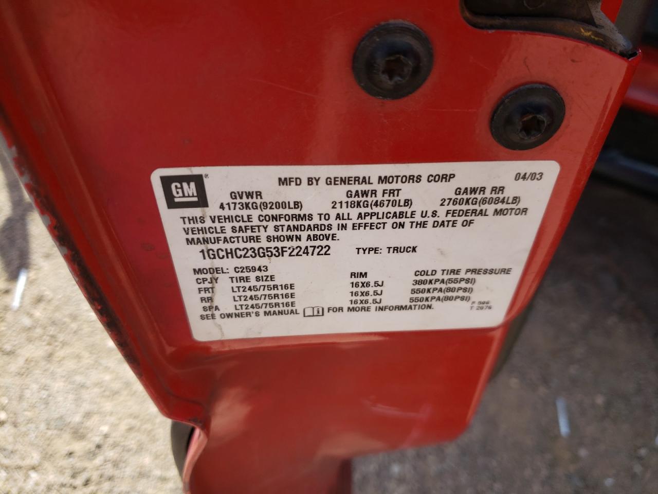 Photo 10 from auction – 2003 CHEVROLET SILVERADO with VIN 1GCHC23G53F224722