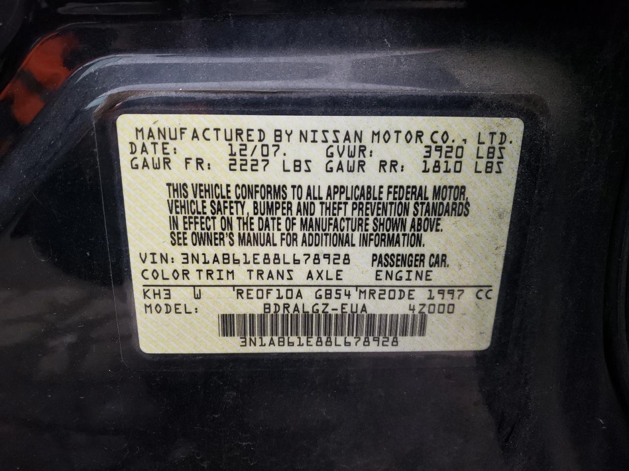 Photo 10 from auction – 2008 NISSAN SENTRA 2.0 with VIN 3N1AB61E88L678928