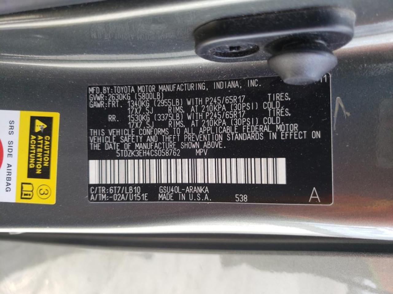 Photo 10 from auction – 2012 TOYOTA HIGHLANDER with VIN 5TDZK3EH4CS058762