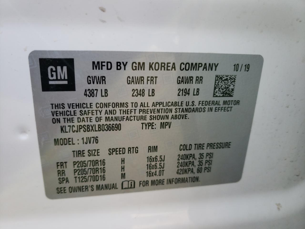 Photo 10 from auction – 2020 CHEVROLET TRAX 1LT with VIN KL7CJPSBXLB036690